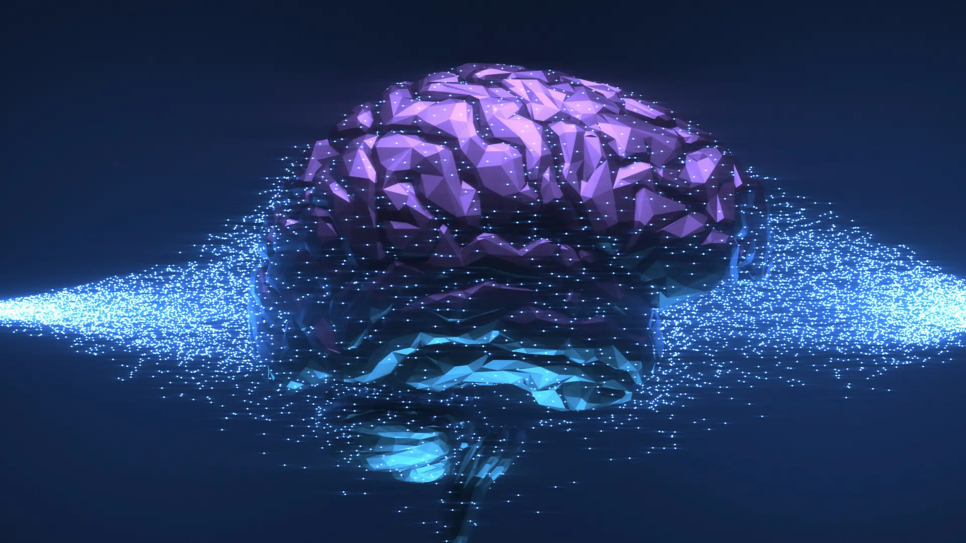 Ilustração horizontal de um cérebro roxo digital com conexões neurais